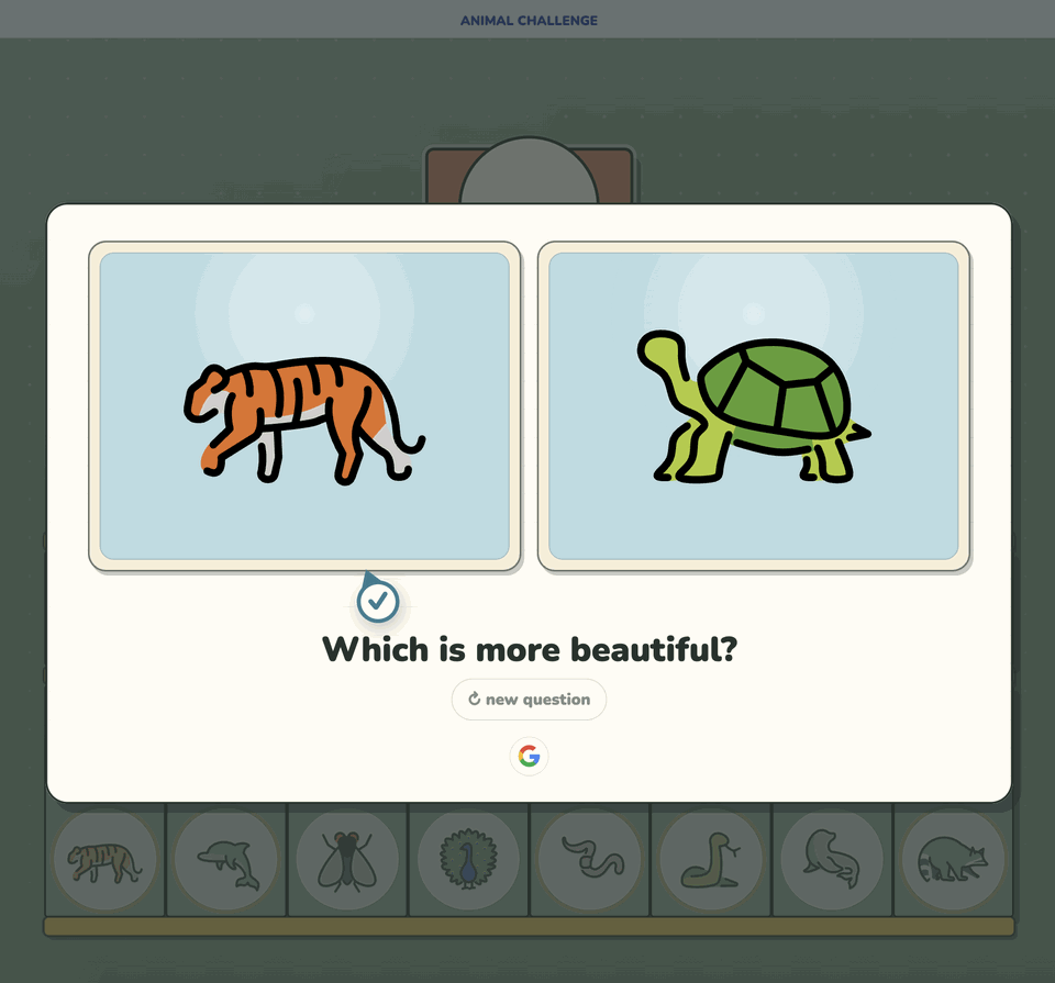 An Animal Challenge round comparing a tiger and a tortoise under the question "Which is more beautiful?"