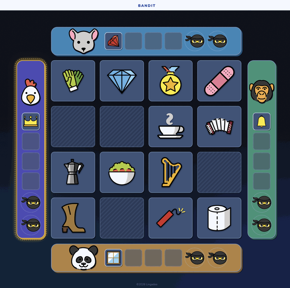 The Bandit board of face-down item tiles, with four team panels around it showing the items each team has stolen and its remaining lives