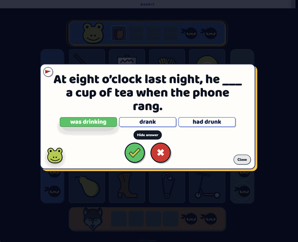 A Bandit grammar question over the board, with the correct option highlighted and correct and incorrect buttons for the teacher