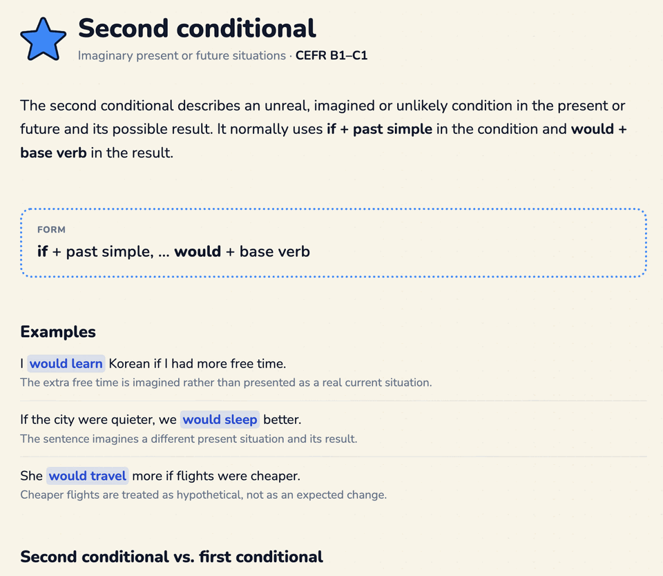 An Explainer concept page for the second conditional at B1–C1, showing the form, three example sentences with the target structure marked, and a note explaining each one.