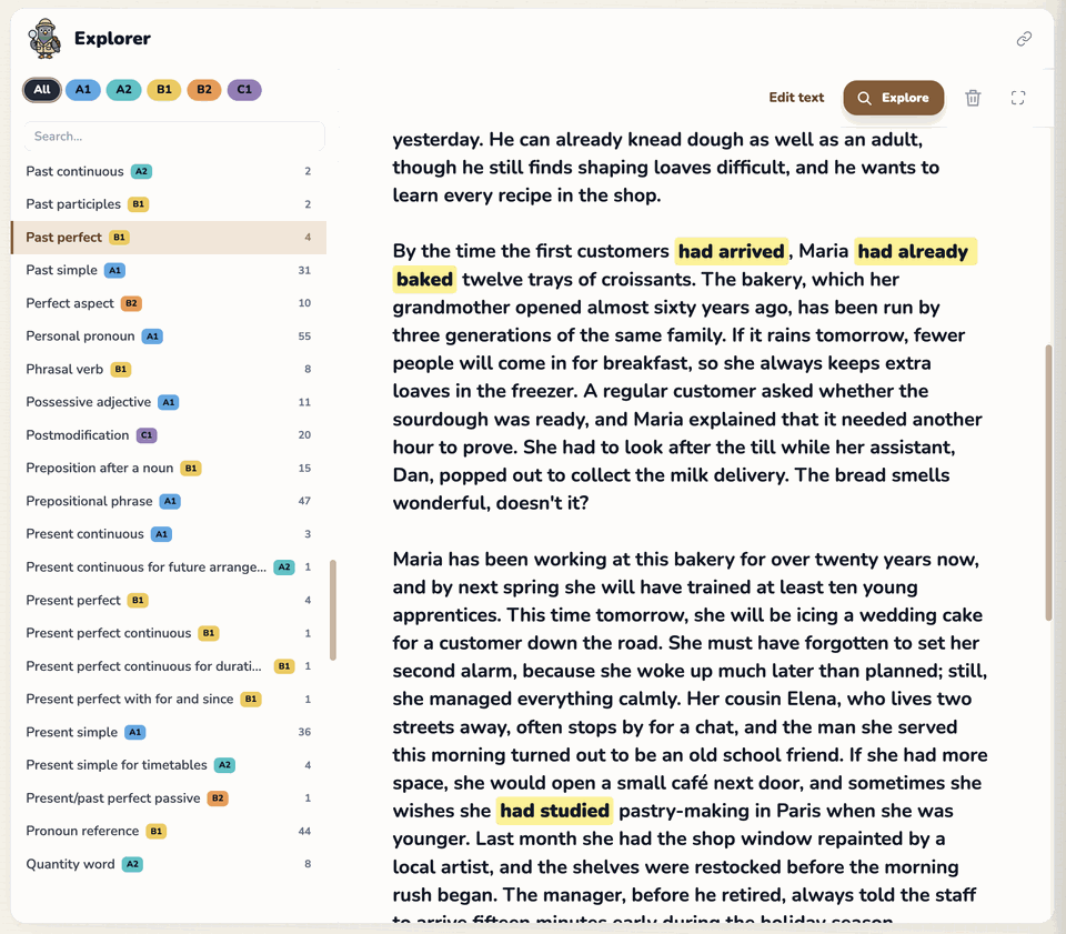 Explorer with a pasted passage on the right and every grammar point it found listed down the left by concept, CEFR level and number of examples, with the past perfect examples highlighted in the text.