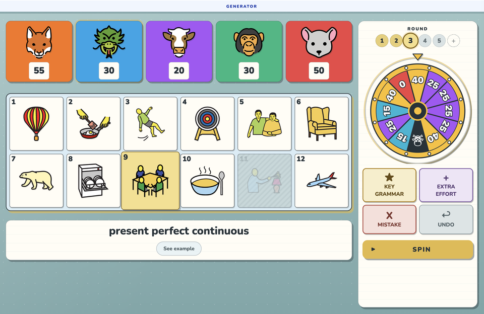 The Generator mid-round: five team score cards, a grid of numbered picture prompts, the target structure "present perfect continuous", and the points wheel ready to spin