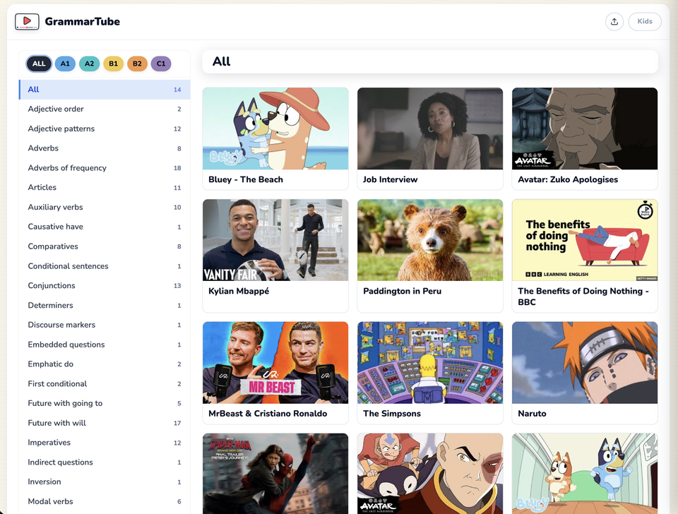 The GrammarTube library, with grammar points listed down the left beside a grid of video thumbnails and CEFR level filters across the top.