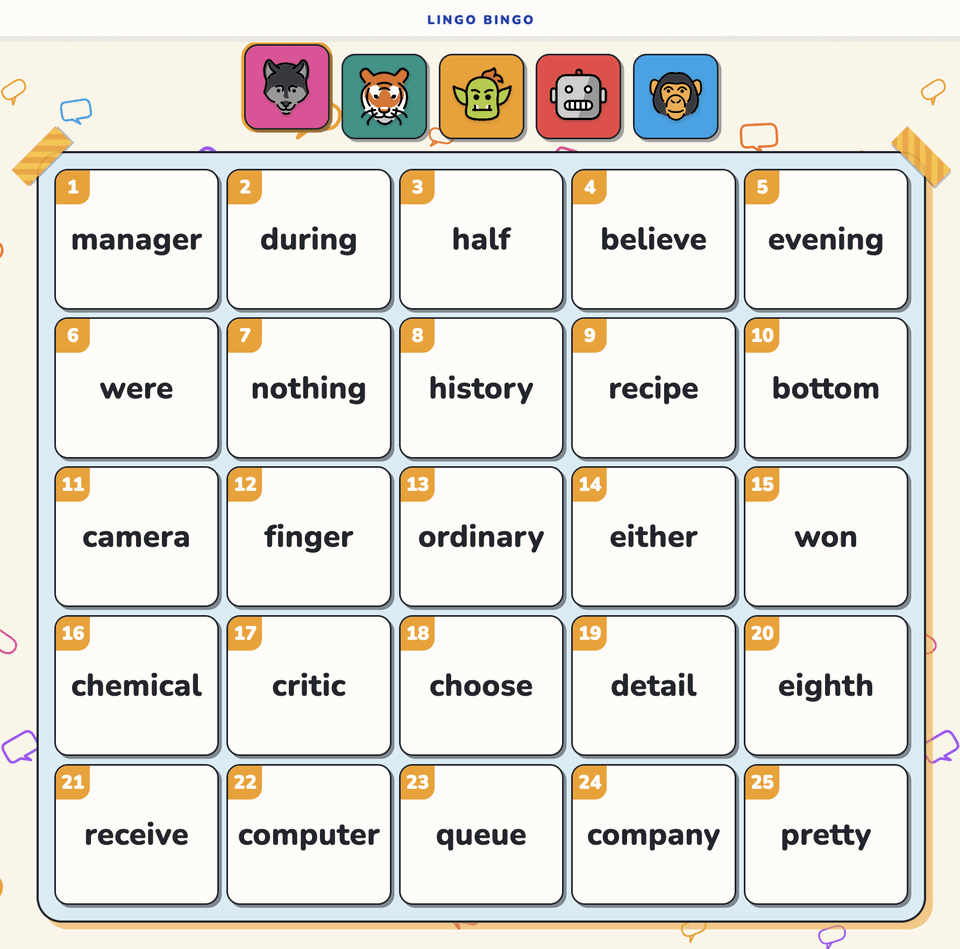 A fresh Lingo Bingo grid of twenty-five numbered vocabulary words, with five team avatars along the top