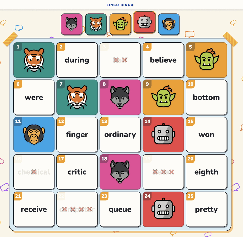 The same Lingo Bingo grid part-way through a round, with claimed squares covered by team avatars and crossed-out words