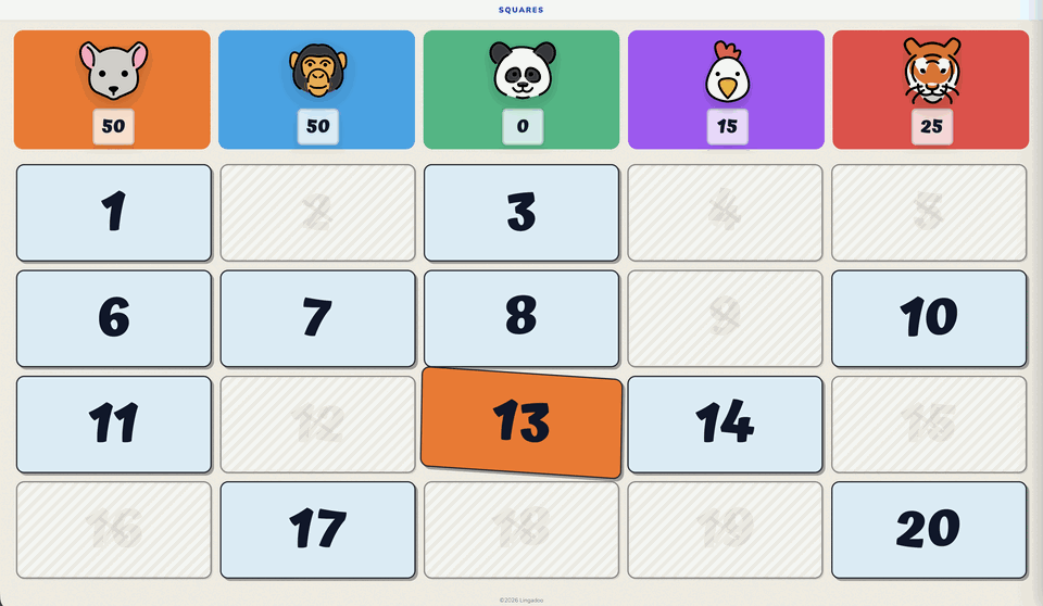 The Squares board part-way through a game, with five team scores along the top and played squares greyed out
