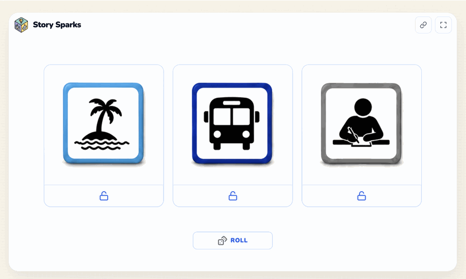 A Story Sparks roll on the classroom screen: three picture cubes showing an island, a bus and a student writing, each with a lock button, above the roll button