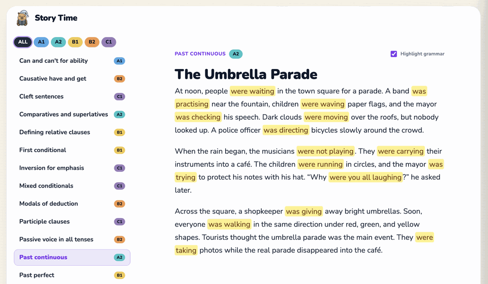 Story Time with the A2 story "The Umbrella Parade" open, highlight grammar switched on so every past continuous example in the text is marked, and the grammar concept list down the left.