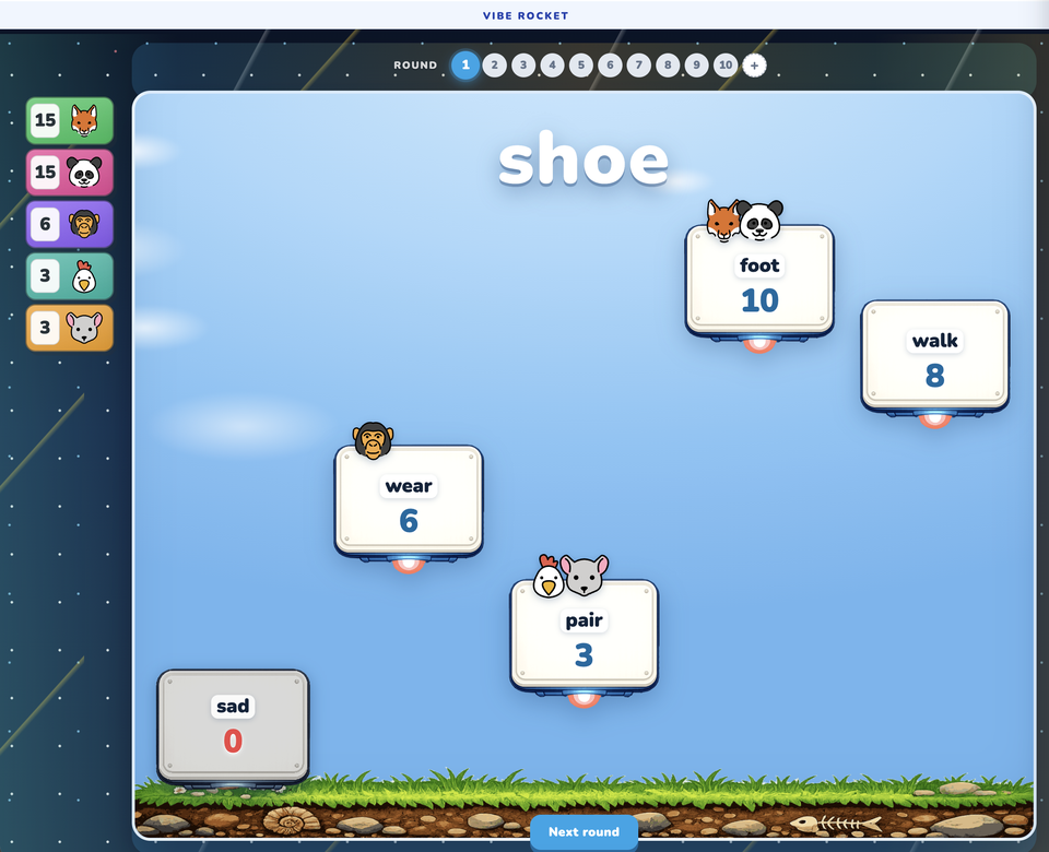 A Vibe Rocket round on the key word "shoe": word rockets for foot, walk, wear and pair at different heights with their scores, and "sad" still on the ground at zero