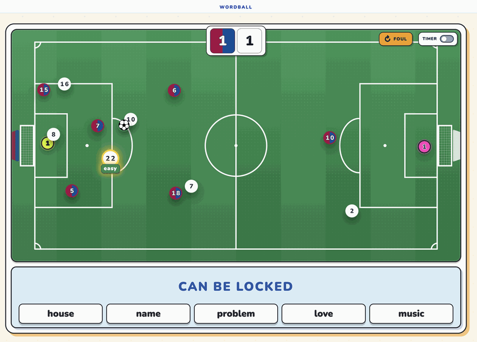 The Word Ball pitch with numbered players from two teams, the score at the top, and five vocabulary options under the clue "can be locked"