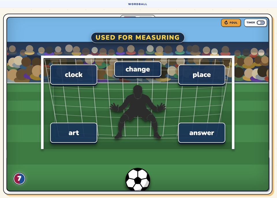 A Word Ball shot on goal: five words placed across the goalmouth behind the keeper under the clue "used for measuring"