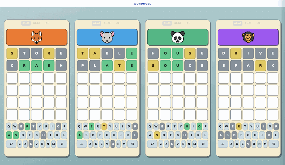 Four Word Duel boards side by side, one per team, each with two guessed rows showing green and yellow letter feedback and its own on-screen keyboard