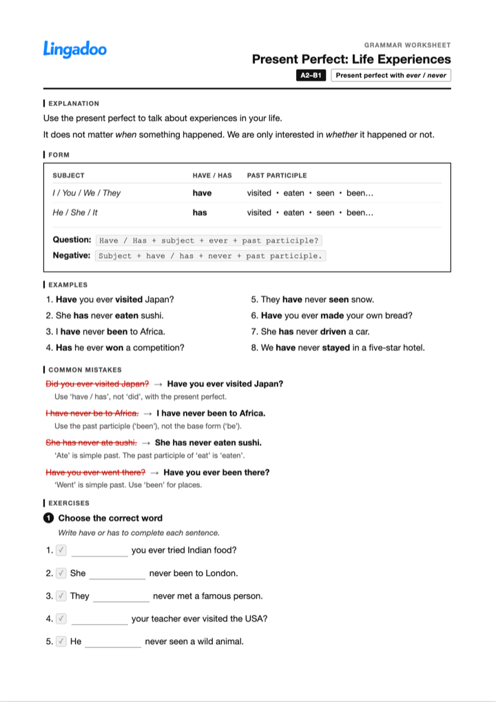 Preview of the Present Perfect: Life Experiences explanation page