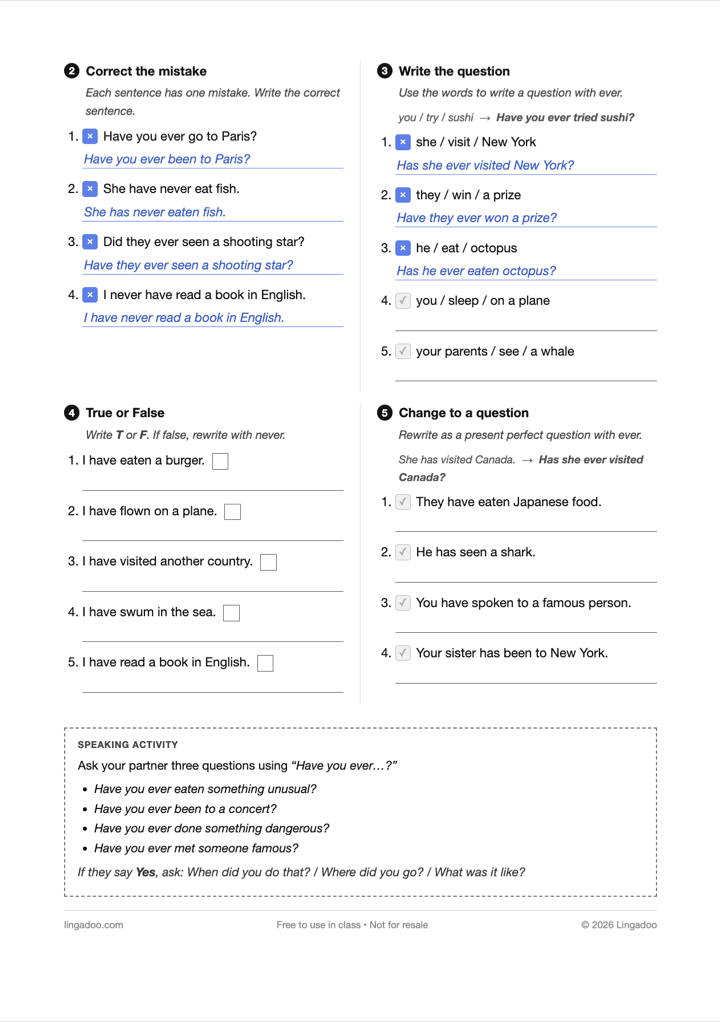 Preview of the Present Perfect: Life Experiences exercise page